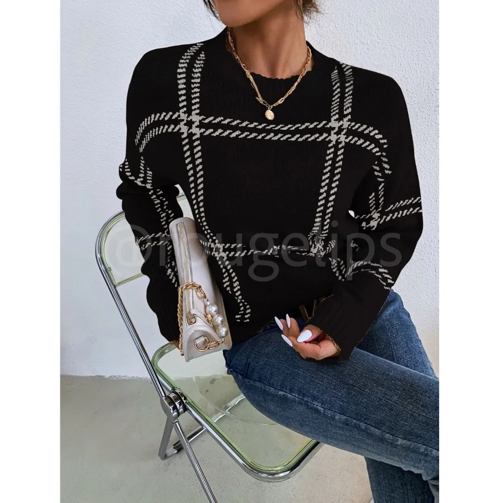 Grid Plaid Pattern Black Knit Crew Neck Pullover Sweater - Picture 3 of 9